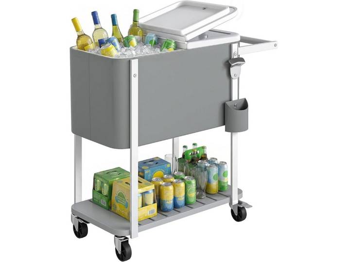 Luckice Trolley-Kühlbox 56L Kühlwagen mit Rollen, mobiler Getränkekühler für BBQ, Grau, 56 l, Großzügige 56L Kapazität, Leicht zu reinigen, Platzsparend verstaubar