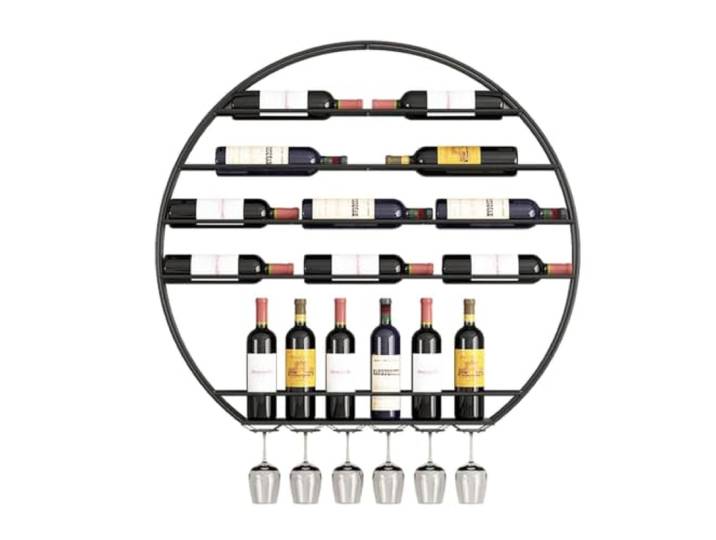 Failjierue 31'' wandmontierte runde Weinregale mit Weinglashalter Moderner schwebender Glashalter zur Aufbewahrung von mehrschichtigen Weinflaschen für Bar, Küche, Wohnzimmer(Black)