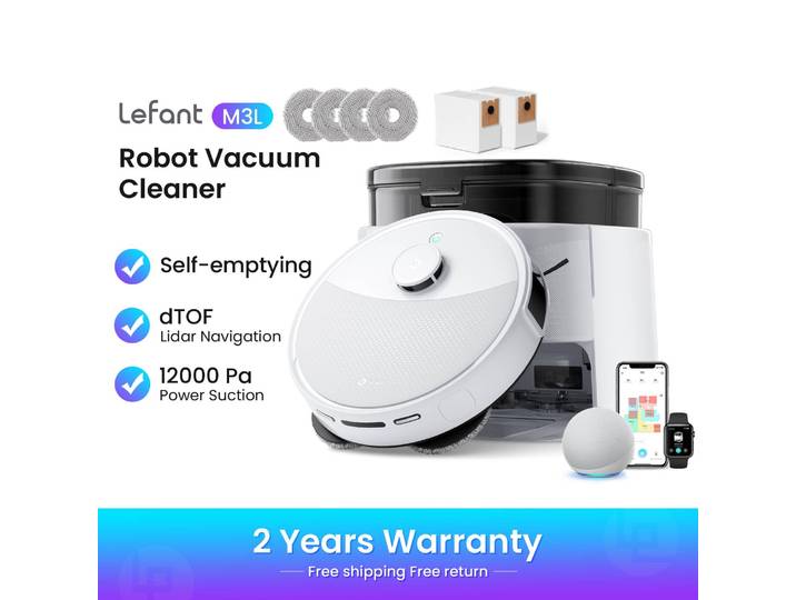 Aspirateur robot LEFANT M3L, station de base tout-en-un, puissance d'aspiration de 12 000 Pa, batterie d'une autonomie de 220 minutes, navigation DToF, double chiffon rotatif