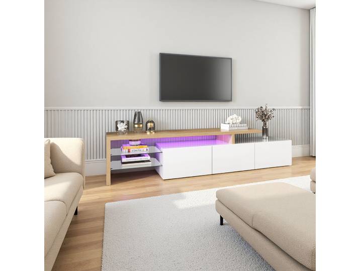 Rosahqnda Meuble TV, meuble TV en bois avec lumière, meuble TV bas avec compartiments pour rangement, noir, blanc
