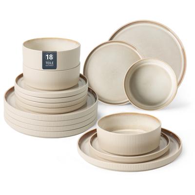 Geschirr-Set OTTO HOME "YLVII,außen matt,innen reaktiv glasiert, Steinzeug, 18-tlg.für 6 Pers.", reactive beige, 18, Steinzeug, Geschirr-Sets, Geschirr-Set, Riffeloptik, spülmaschinenfest und mikrowellengeeignet