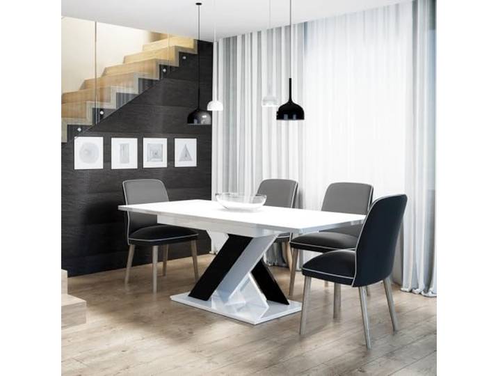 ONYX Esstisch ausziehbar 140-180x80 cm Weiß Schwarz Hochglanz Ausziehbarer Esszimmertisch für 6–8 Personen, von 140 auf 180 cm, X-Gestell mit Mittelsäule, Acryl-Hochglanzoberfläche