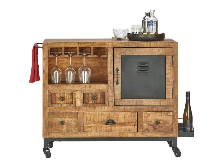 Landscape Servierwagen, Naturfarben, Schwarz, Holz, Metall, Mangoholz,Mangoholz, massiv,massiv, 5 Schublade(n) Schubladen, U-Form, 100x85x40 cm, offenes Fach, Esszimmer, Barmöbel, Barwagen