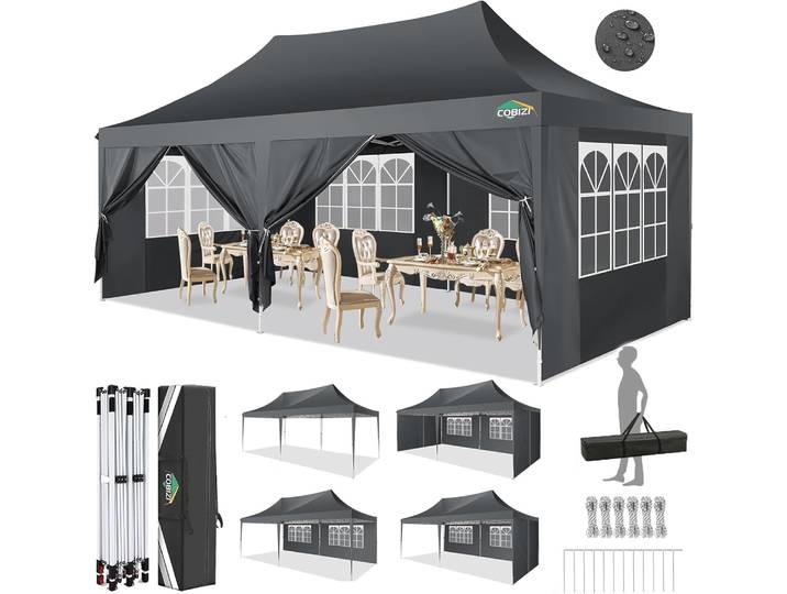 3x6m Tonnelle gazebo pliant, imperméable, Stable, résistant à l'hiver, auvent pliable instantané, tente de jardin extérieure avec 6 panneaux latéraux, pour fête