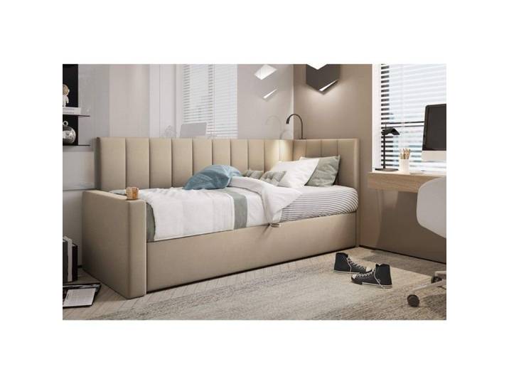 Lit Boxspring 80x200 cm TOKIO avec matelas ressorts intégré et rangement - beige - gauche - lit enfant lit ados