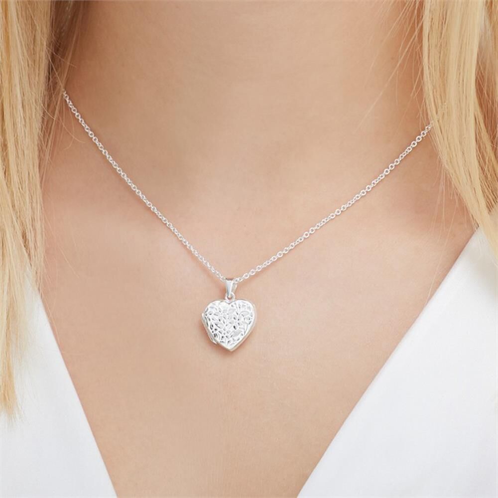 Unique Sterlingsilber Kette Herzmedaillon Blumen gravierbar silber