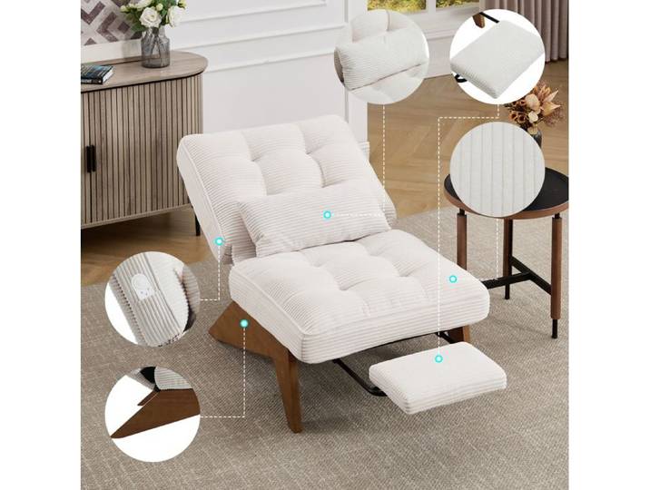 ROVRYN Fauteuil lounge réglable 1 place avec repose-pieds coussin lombaire tissu côtelé beige et pieds en bois
