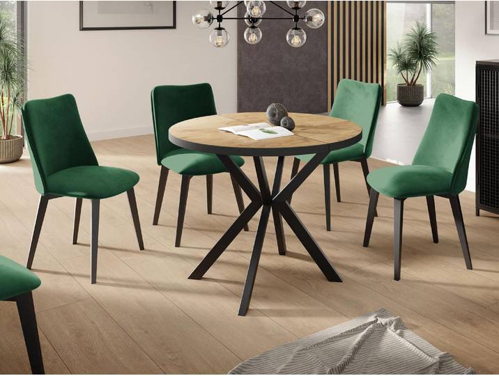 Runder Ausziehbar Tisch für das Esszimmer - Tischrand Schwarzes Nachbildung - 100 oder 120 cm - Ausziehbarer Tisch mit Pulverbeschichteten Schwarzen Metallbeinen - 100 cm - Lancelot Eiche