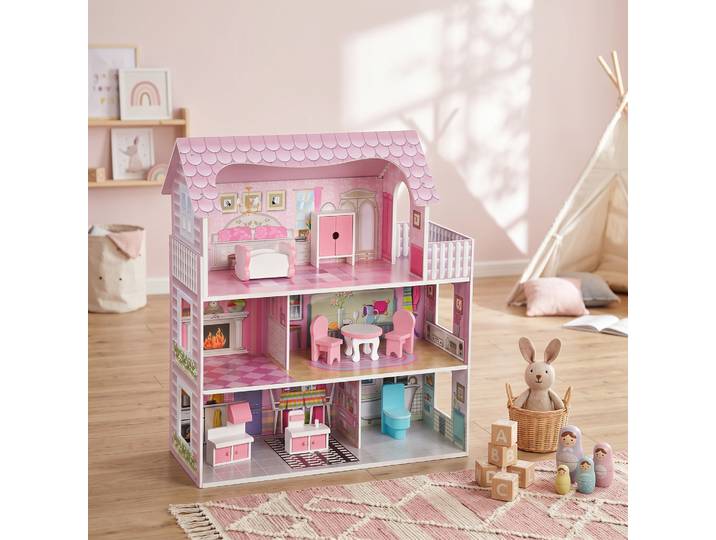 AIYAPLAY Maison de Poupée Bois 3 Niveaux LED 8 Meubles Rose
