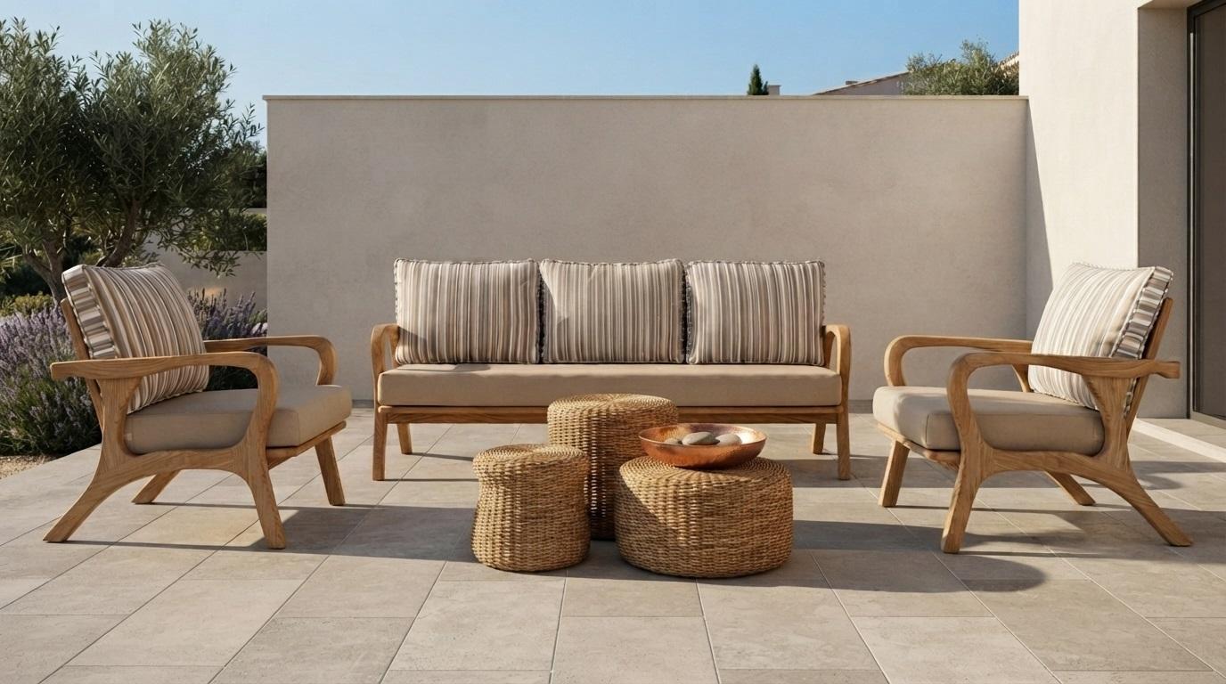 Gartenlounge Set 3-Sitzer Sofa Sessel Beige Kissen Modern Elegant