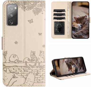 Inspired Deals Cute Cat Embossed Wallet Phone Case For Samsung Galaxy With Card Holder And Lanyard For Samsung Galaxy S20 FE beige