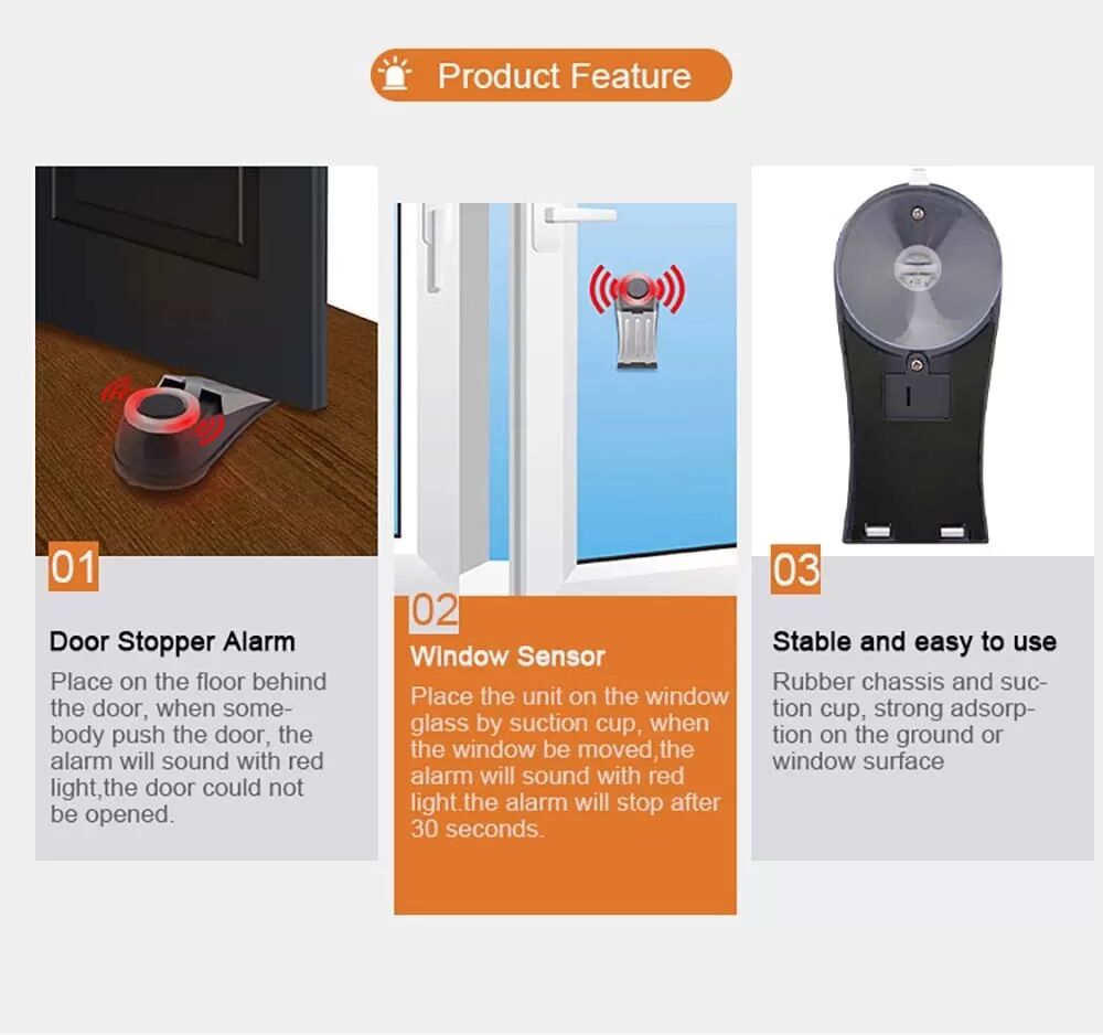 INF Alarme de porte-fenêtre avec détecteur de vibrations - Système de sécurité 125dB avec lumière clignotante