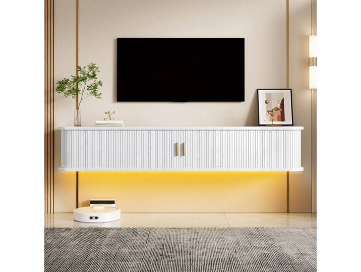 Meuble TV suspendu Meuble TV mural Meuble TV moderne Deux portes et un tiroir Eclairage LED Meuble de rangement Blanc