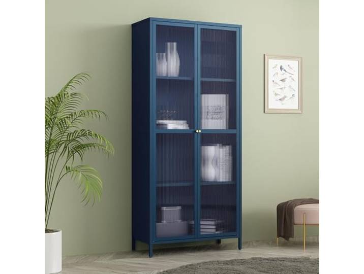 [en.casa] Vitrinenschrank Säkylä 180x80x35 cm mit 2 Türen Navyblau