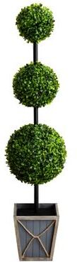 Nearly Natural "45"" UV Resistant Triple Ball Boxwood Topiary with Lights in Planter - Green"