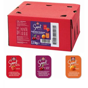 Schwartau Fruchtaufstrich Samt Frühstücks-Portionen, Mix, vegan, 50% Fruchtgehalt, Portionspackungen, je 25 g, 100 Stück