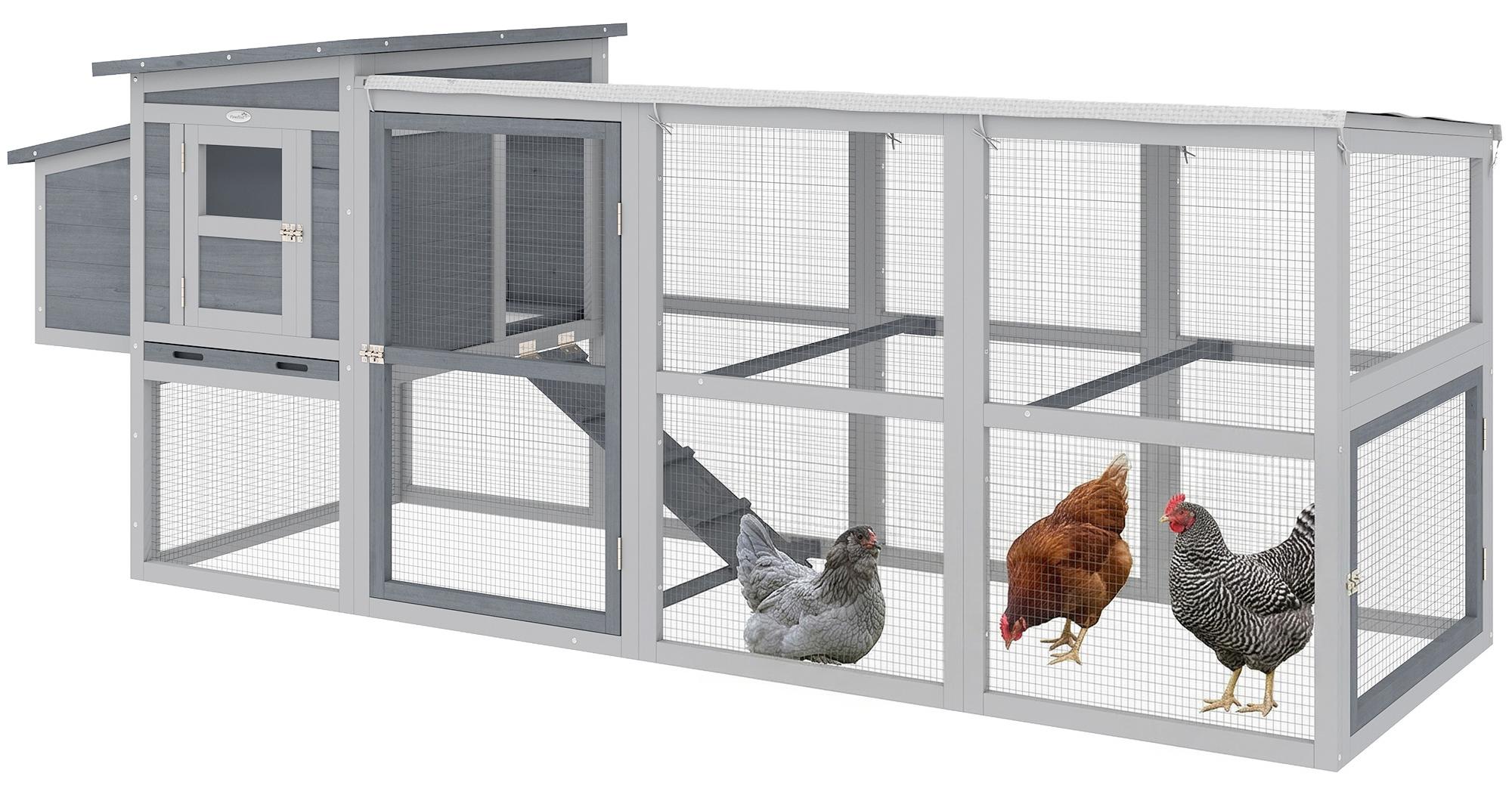 Hühnerstall Hühnerhaus für 3-4 Hühner mit Auslauf Nistkasten Asphaltdach Oxford-Abdeckung Auszugsschublade 264x82x89cm Grau