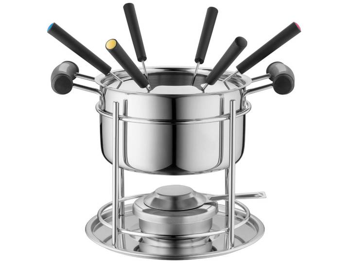 Mäser Fondueset, Silberfarben, Metall, 11-teilig, Spritzschutz mit integrierter Gabelhalterung, Freizeit & Co, Herbstartikel & Winterartikel