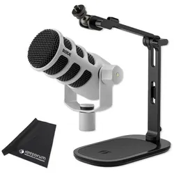 RØDE Mikrofon Podmic USB Weiss mit DS-3 Tisch-Stativ und Tuch, Mikrofon