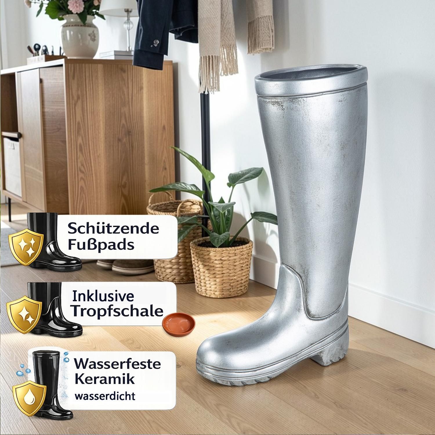 Schirmständer CASABLANCA BY GILDE "Regenschirmständer Stiefel, silber", silber (silberfarben), B:26cm H:45cm T:11cm, Keramik, Regenschirmständer, Schirmständer, für Regenschirme, Höhe 45 cm, Gummistiefel-Form, aus Keramik silberfarben Einheitsgröße