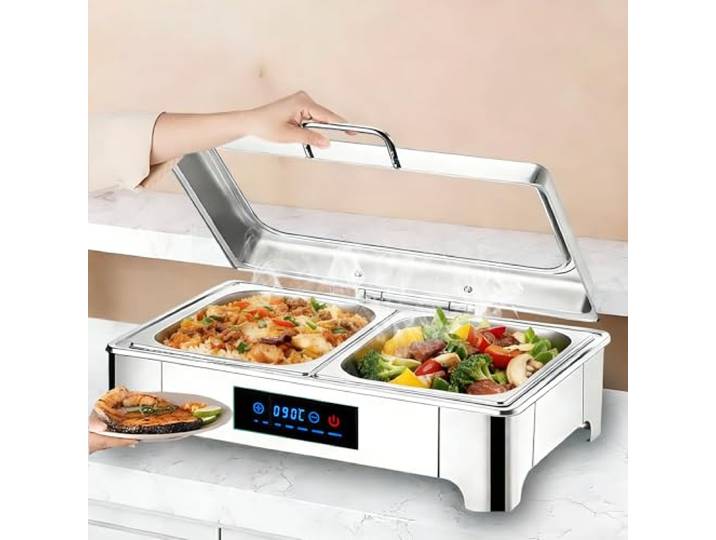 BOVDC Elektrischer Chafing Dish Glasdeckel, 9L Edelstahl(1/2 Pan) Speisewärmer Buffetwärmer Elektrisch Einstellbarer Temperatur, Elektrisch Warmhaltebehälter Essen mit Abnehmbarer Heizplatte
