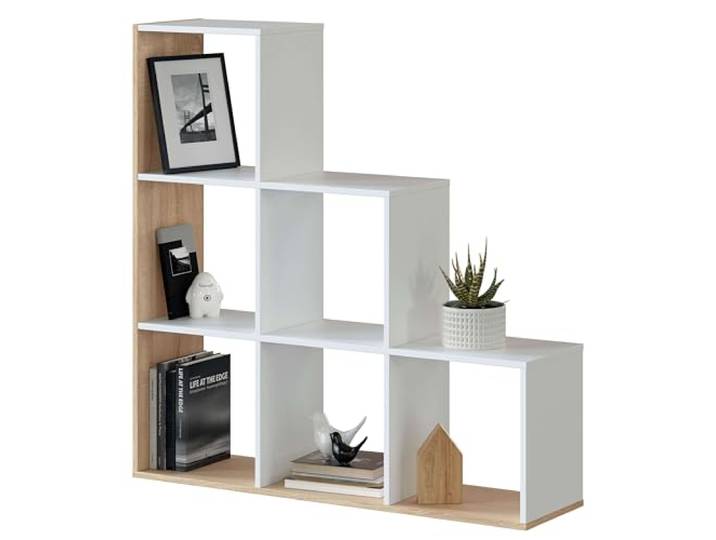 HABITDESIGN - Bibliothèque\, Salon\, Salle à manger ou Bureau\, Modèle Lua\, Finition en Blanc Artik et Chêne Canadien\, Mesures : 110 cm ( H) x 108 cm ( L) x 28 cm (P)