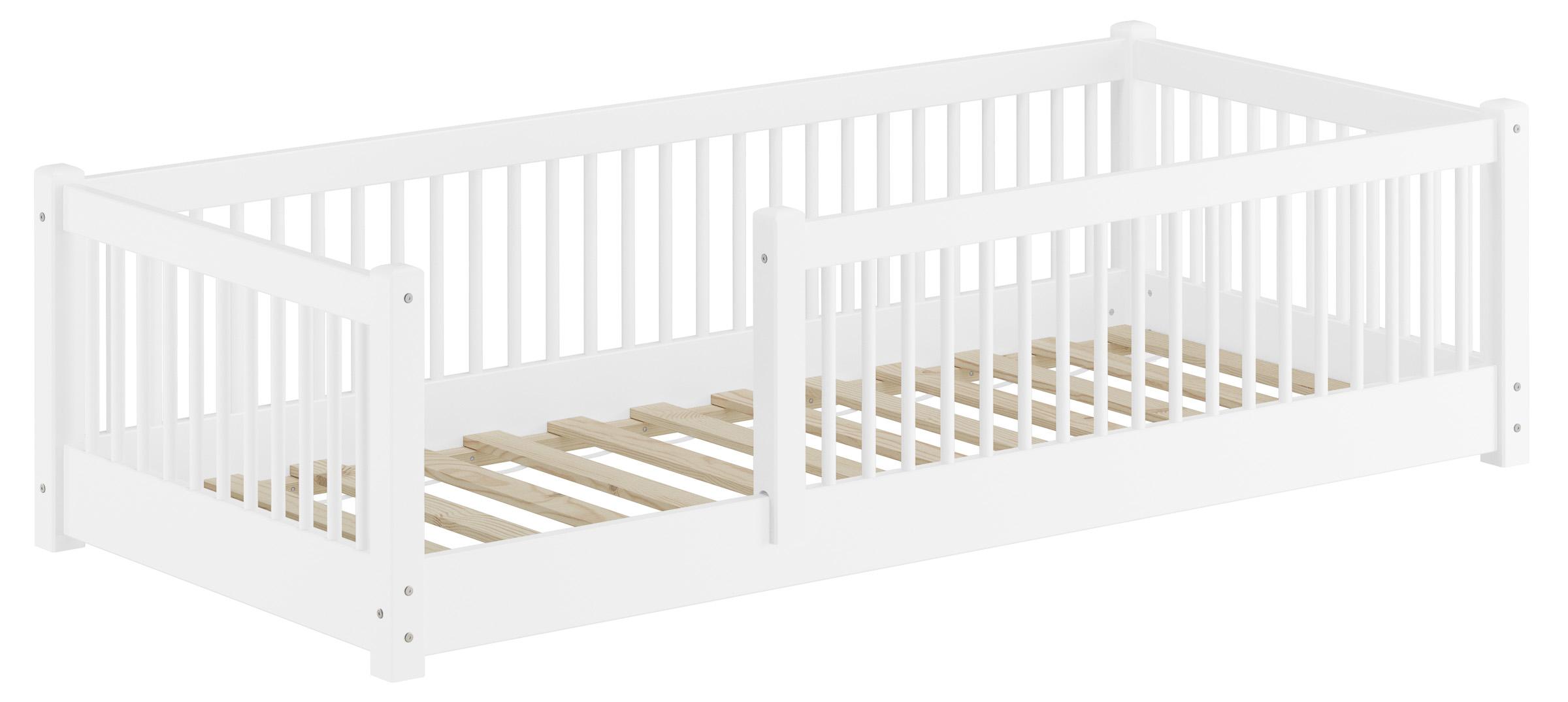 Kinderbett niedriges Bodenbett Kiefer weiß 90x200 Kleinkinder Laufstall ähnlich V-60.65W-09Rollrost inkl.