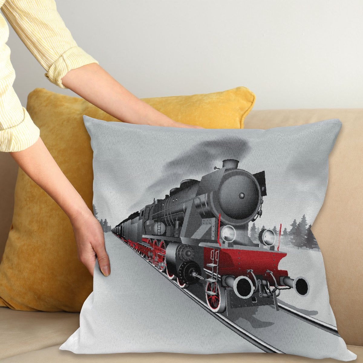 ABAKUHAUS Kussenhoes met Stoommachine en Trein Print, Grijs en Rood, 50 x 50 cm