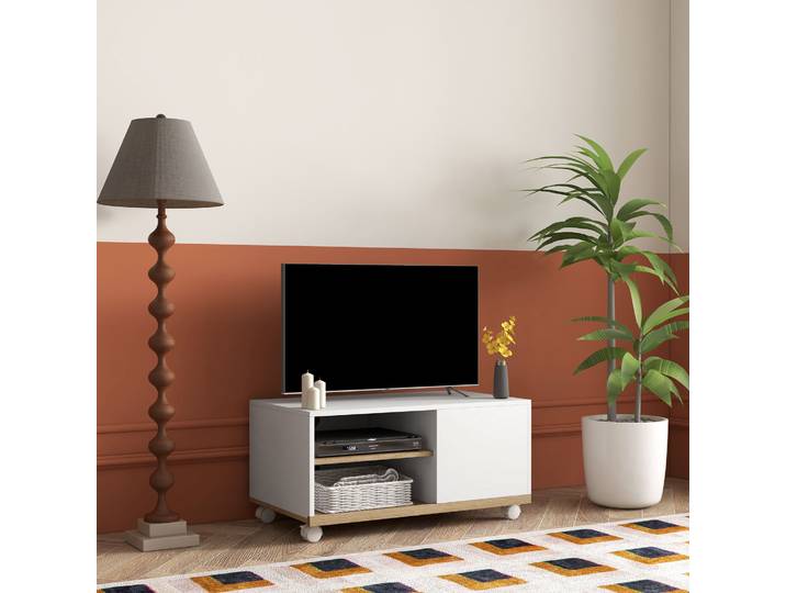 HOMCOM Meuble TV Blanc Chêne 2 Niches Roulettes
