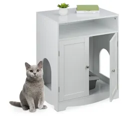 Relaxdays Weißer Katzenschrank für Katzenklo Weiß,Silber