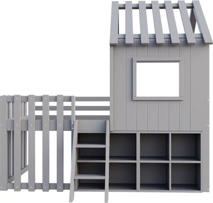 Kinderbett Hausbett 90x200cm Ohne Matratze Dach Fenster Offenem Stauraum Mit Kletterleiter Massivholz Kinderetagenbett Grau Einzelbett Holzbett