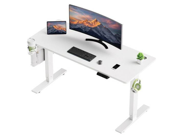 Bureau assis-debout 70×140 cm 70-119 cm USB/Type-C porte-gobelet liberté assis-debout blanc