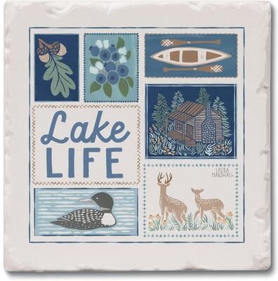 Thirstystone "Lake Life 4 Pack Tumbled Tile Stone Coaster with Protective Cork Backing Manufactured in The USA 4"" Square"