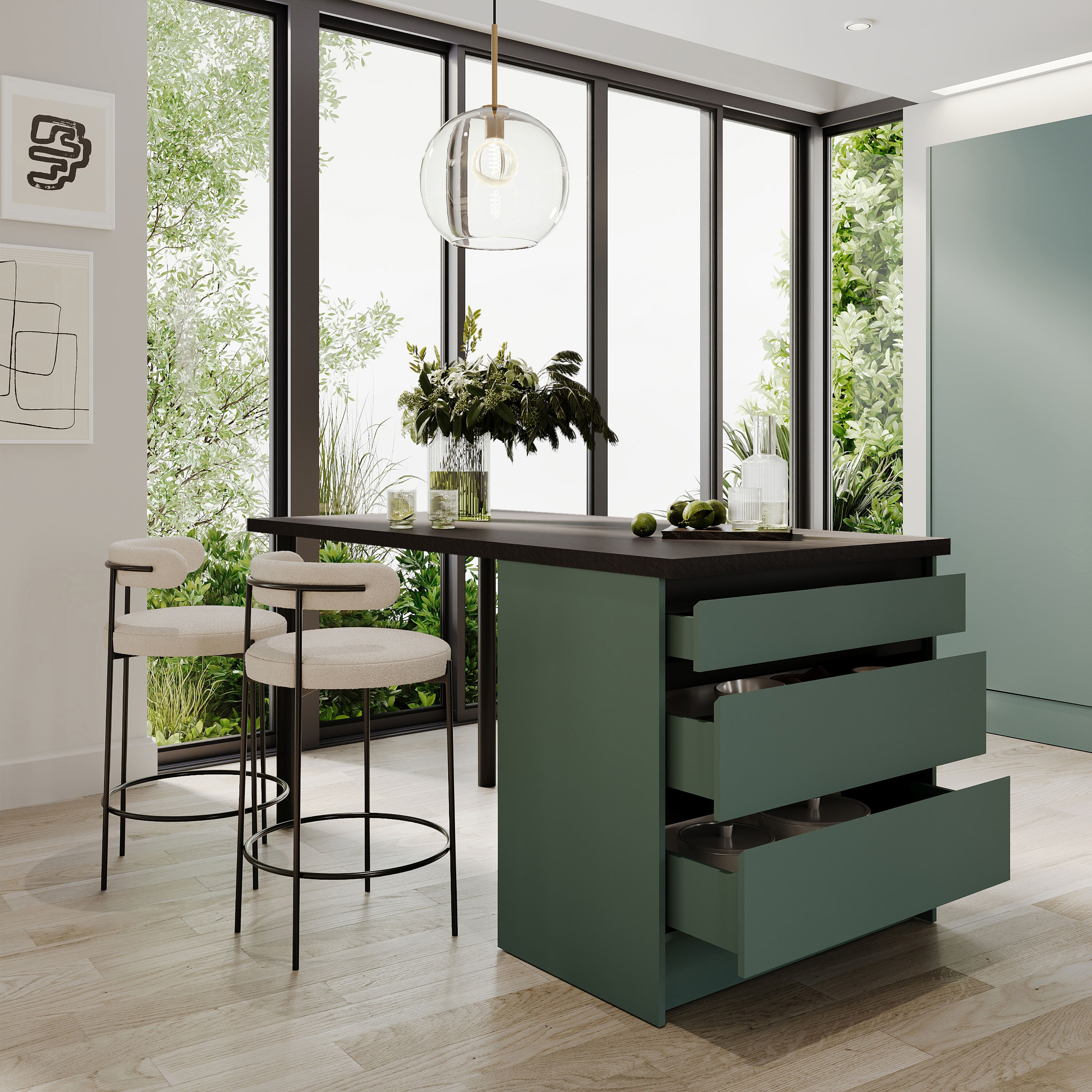 Kücheninsel BASIC BY BALCULINA "Isis B/T/H 180x90x91 cm", grün (küche: grün, korpus: grün, arbeitsplatte: granit grau), B:180cm H:91cm T:60cm, Komplettküchen-Sets, Kücheninsel, Breite 180 cm, mit Essplatz und Stauraum küche: grün, korpus: grün, arbeitspla