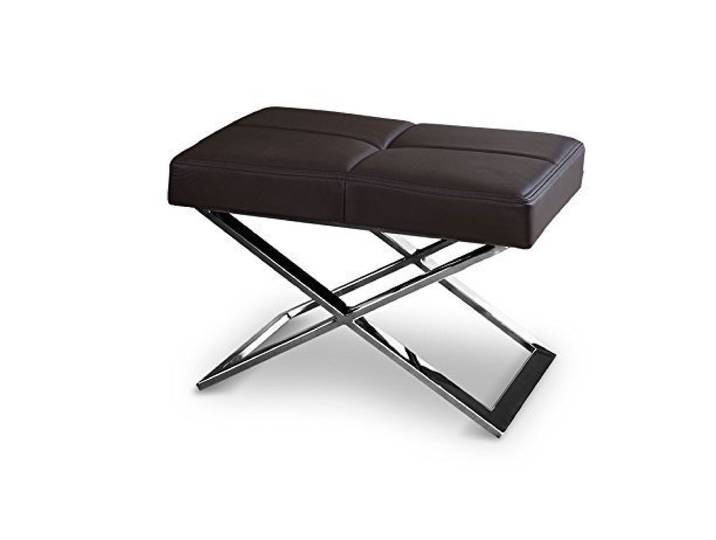 NEUERRAUM Bauhaus Fußhocker, Beistellhocker, Sitzhocker, Hocker, X-Fuß Edelstahl poliert. Abbildung in (Echt-) Leder Dunkelbraun.
