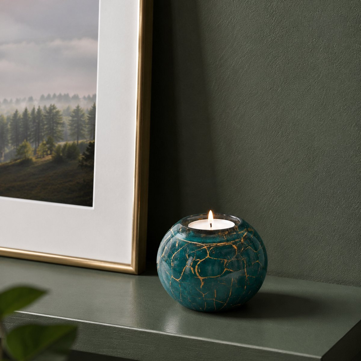 Loranto Mini-urn met waxinelichthouder - Groen Bladgoud - 250ml - 8cm