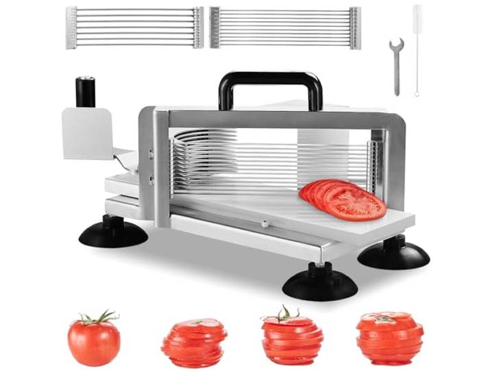 VEVOR Coupe-tomates Commerciale\, Trancheuse à Tomates de 4\,8 mm/ 6\,35 mm/9\,5 mm\, Trancheur pour Manuelle en Acier Inoxydable\, avec Pieds Antidérapants\, pour Couper Tomates\, Concombres et Bananes