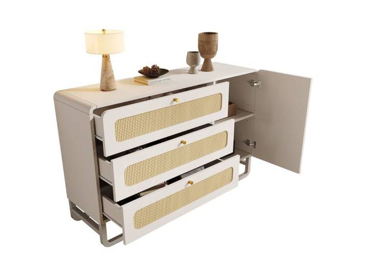 Commode Logidon rotin et poignées dorées blanc 3 tiroirs 1 porte