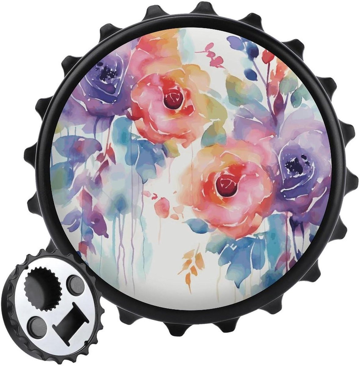 Compacte flesopener en magnetische onderzetter met aquarel bloemenprint