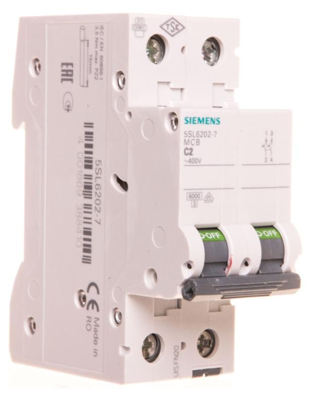 Siemens LS-schakelaar 2-polig C2 6kA IP20