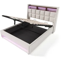 Polsterbett 140x200 cm mit USB-Anschluss und LED-Beleuchtung – modernes Vintage-Design für höchsten Komfort