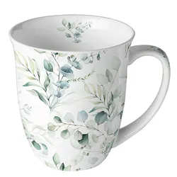 Ambiente Tasse 10cm Porzellan mit Eukalyptus Motiv - 0,4L Keramiktasse Porzellangeschirr Kaffeetasse Teetasse Kakaotasse Porzellantasse Blätterzweige Weiß Grün