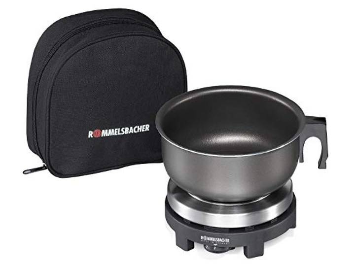 ROMMELSBACHER Reisekochplatte RK 501/SU - Made in Germany, Gussheizplatte 80 mm Ø, mit Alu-Topf & Etui, stufenlos regelbar, umschaltbar 115/230 Volt, ideal für Reisen, 500 Watt, Edelstahl/schwarz