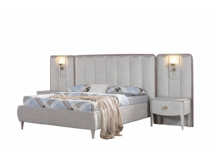 JVmoebel Schlafzimmer-Set Schlafzimmer Set Modern Weiß Bett Nachttische Designer-Set Stoff, (3-tlg)
