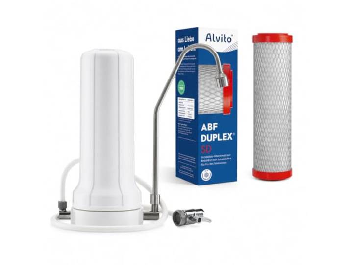 Alvito Auftischfilter Set Secure Pro - Wasserfilter mit ABF Duplex SD Filter für 100+ Schadstoffe, Bakterien & Viren - 7 l/min Durchfluss - Edelstahlhahn - Geeignet für Wasserwirbler
