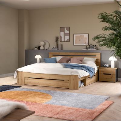 Schlafzimmer-Set HOME AFFAIRE "REHAT, 3-teilig, bestehend aus: Stauraumbett & 2x Nachtkommode", eiche artisan, grau, ohne Matratze, B/H: 180cm x 200cm, Schlafzimmermöbel-Sets, Rehat, Schlafzimmerset, Bett 180x200 cm, Nachttische