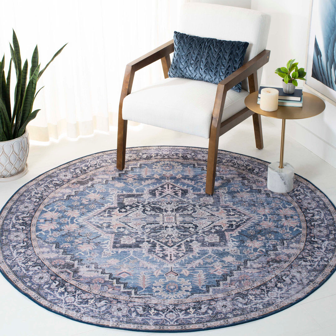 World Menagerie Tucson Vintage Look Machine Washable Non-Slip Area Rug in Blue & Navy Grey;Blue Round 183 cm