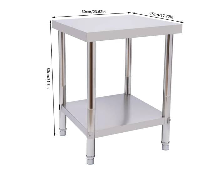 Table de préparation alimentaire à 2 niveaux BYMAOCAR, table de travail de cuisine en acier inoxydable à 2 niveaux - 60 x 45 x 80 cm