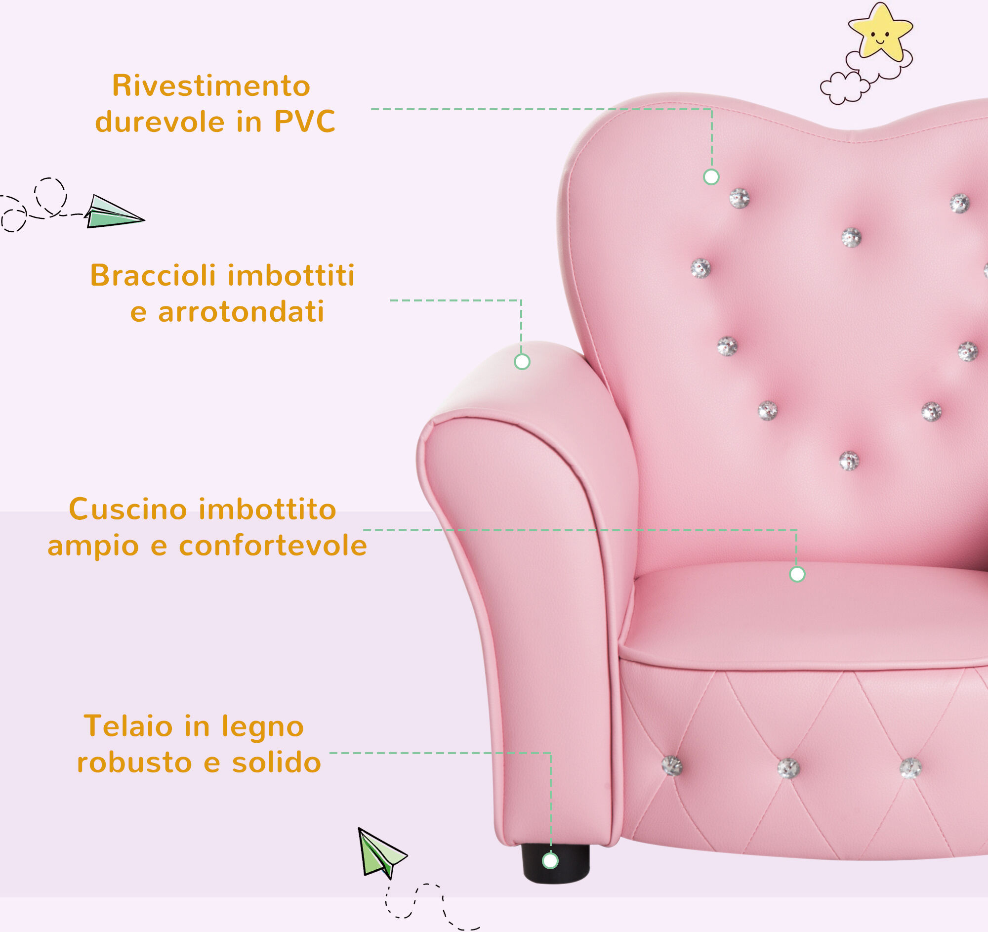 Altro Poltroncina Per Bambini Imbottita, Poltrona Per Cameretta Con Rivestimento In Pvc E Struttura In Legno, 59x41.5x49cm, Rosa