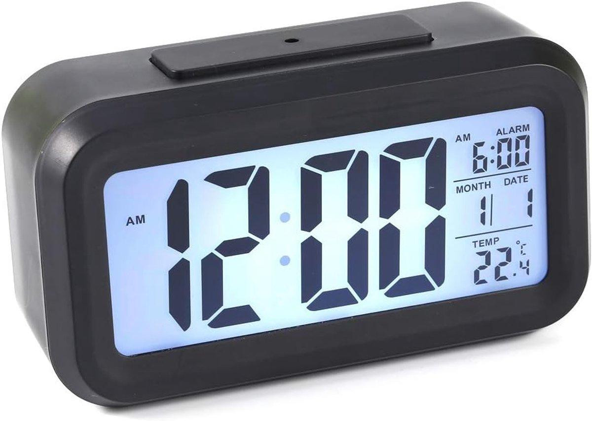 PolkaHome Digitale Wekker met Verlicht LCD Display – Stille Tafelklok met Datum- en Temperatuurfunctie en Belalarm, Kunststof